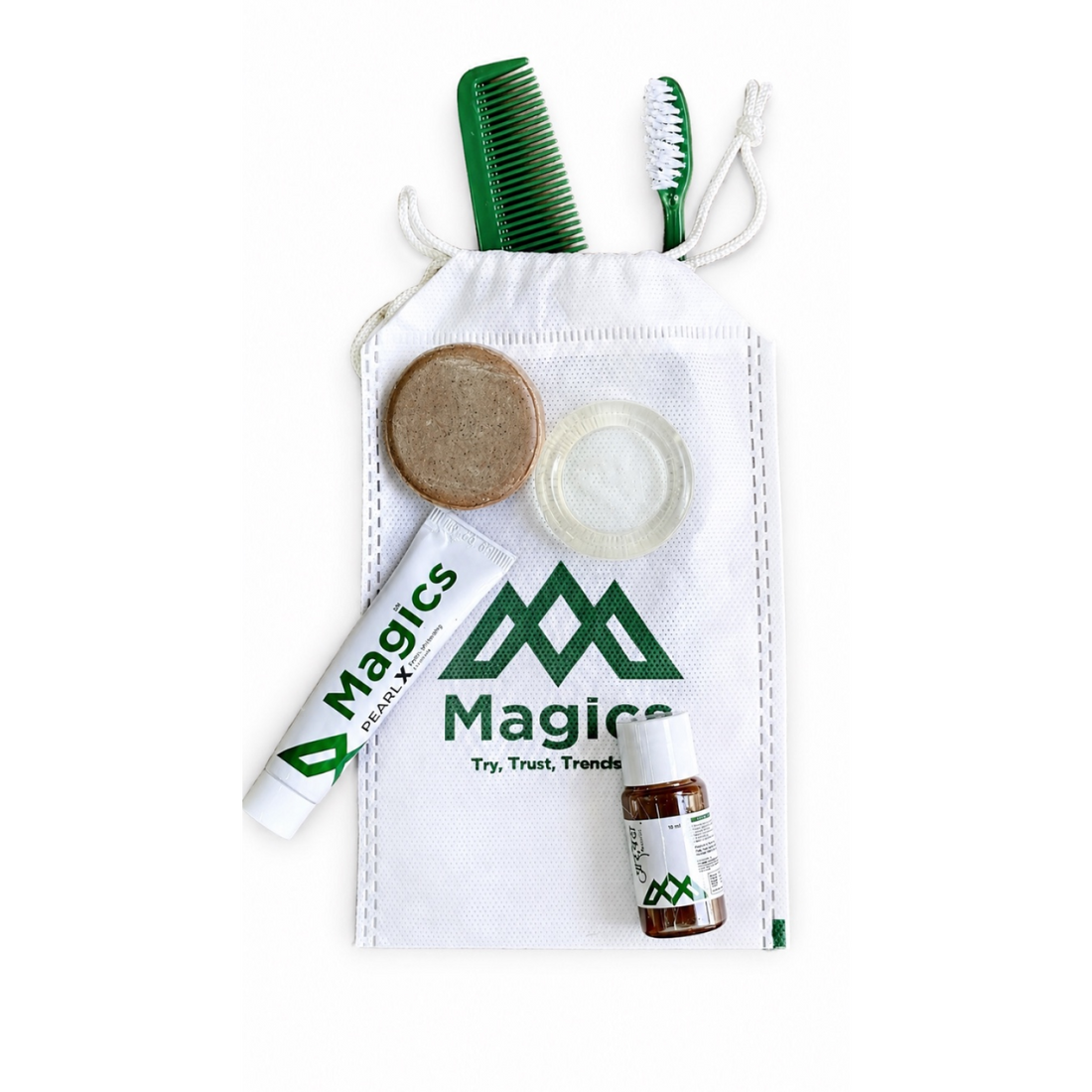 Magics Luxury Travel Kit, Aaruveda Purifier, Face Soap, PearlX Toothpaste & Scrub Soap with Toothbrush & Hair Comb